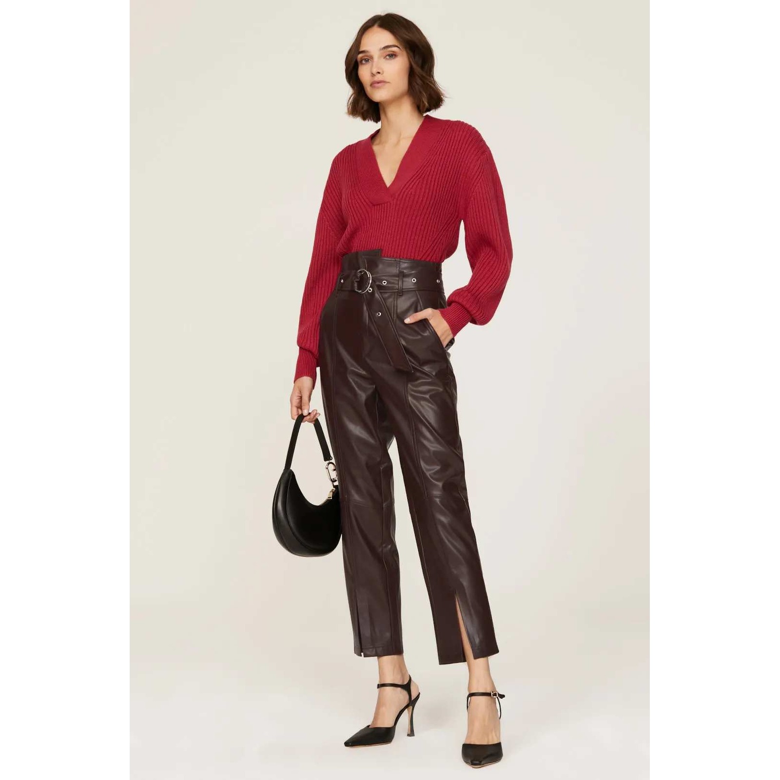 Marissa Webb Vegan Leather Belted Tapered Pants Brown Size 12 Ankle Slit